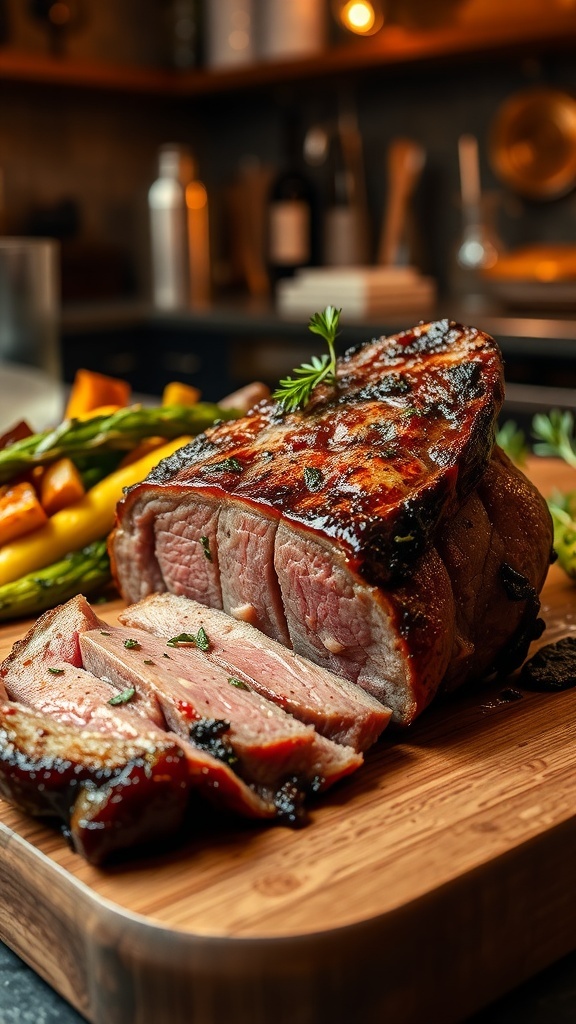 Juicy thin cut steak garnished with herbs on a wooden board, with roasted vegetables on the side.